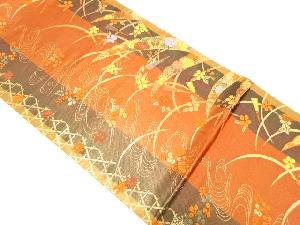 縞に雪芝・扇・草花模様織り出し全通袋帯